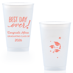 ForYourParty's elegant Matte Light Coral Ink 16 oz Frost Flex Cup with Matte Light Coral Ink Cup Ink Colors has a Best Day Ever graphic and a Caps Thrown graphic and is good for use in Graduation themed parties and can be personalized to match your party's exact theme and tempo.