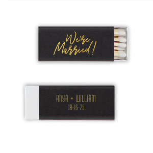 Shout from the rooftops with the We're Married Script Matchbox design, where 'We're Married!' is boldly scripted on the front, exuding pure happiness. On the reverse, the couple's names and wedding date in sleek block print add a stylish touch, perfectly embodying the excitement of the big day.