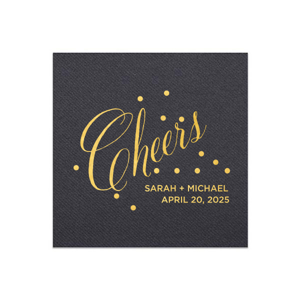 Toast to joy with the Cheers Bubble Napkin where effervescent dots frolic around a spirited 'Cheers' in whimsical script. Adorned with the couple's names and event date, these napkins burst with elegance—ideal for weddings and celebratory toasts.