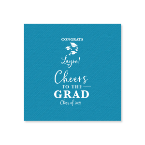 Personalized Teal Cocktail Napkin with Matte White Foil has a Caps Thrown graphic and is good for use in Graduation themed parties and can be personalized to match your party's exact theme and tempo.