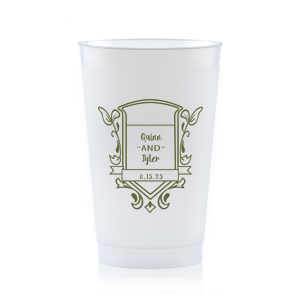 ForYourParty's personalized Matte Army Green Ink 12 oz Frost Flex Cup with Matte Army Green Ink Cup Ink Colors has a Crest Regal graphic and is good for use in Floral, Wedding themed parties and can't be beat. Showcase your style in every detail of your party's theme!