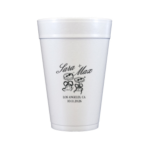 The Wedding Glass & Bow Cup is the must have trendy design for your one of a kind lifetime event. Featuring hand-drawn bows tied around champagne glasses alongside customizable text in the screen printed ink color of your choice to best pair with your party's vibe.