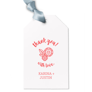 Thank guests for attending your wedding with a small favor tied with a themed gift tag. Personalize our Peony design with your names and date. Keep our Mint paper and Plum foil or choose your own theme colors. 