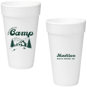 Toast to the good times with the Welcome to Camp Bachelorette Cup. The scenic design is ideal for destination bachelorette events but is suitable for any outdoorsy occasion. The customizable design comes in your choice of style and color to make your momentous party all the more memorable. 