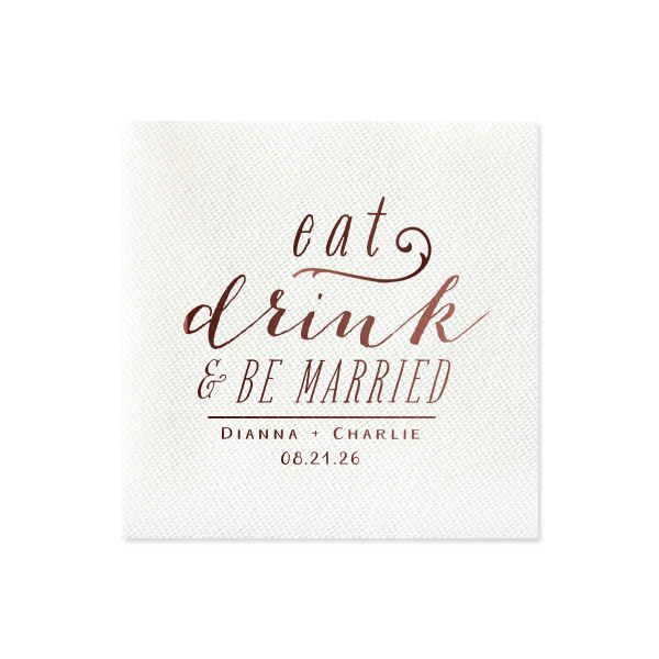 Bring the cheer with the Joyful Stacked Eat Drink & Be Married Wedding Napkin! This whimsically stacked design blends a sassy lowercase, bouncy script, and bold capital letters. It's topped off with the couple's names and date, infusing the napkin with a personal, joyous vibe.