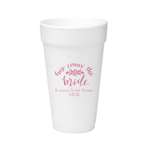 Our custom Matte Dark Magenta Ink 12 oz Styrofoam Cup with Matte Dark Magenta Ink Cup Ink Colors has a Here Comes the Bride 3 graphic and is good for use in Words, Floral, Bridal Shower themed parties and couldn't be more perfect. It's time to show off your impeccable taste.