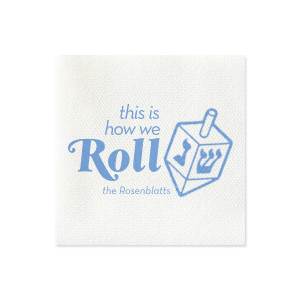 The This is How We Roll Napkin is a modern and fun custom decoration for your Hanukkah party! Personalize this dreidel adorned napkin with your family name. 