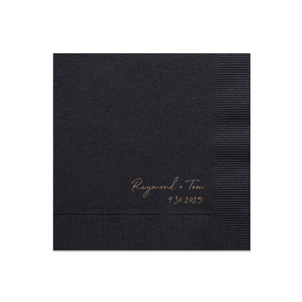 The Elegant Handwritten Couple’s Napkin elegantly displays the couple’s names in a flowing script, connected by a plus sign, above a chic, European-styled date. Its design merges simplicity with an elegant flair, perfect for weddings and special celebrations.