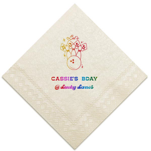 The Bowling Birthday Let's Roll Napkin is perfect for your next birthday party. Featuring a retro 'Let's Roll' bowling graphic, you can personalize this design with the birthday star's name and event location for a unique touch. Perfect for a throwback celebration at the lanes.