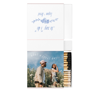 ForYourParty's chic White Square Custom Photo Matchbox with Matte White Ink Digital Print Colors and Matte Periwinkle Ink Digital Print Colors has a Peony Flourish 2 graphic and is good for use in Floral themed parties and will give your party the personalized touch every host desires.