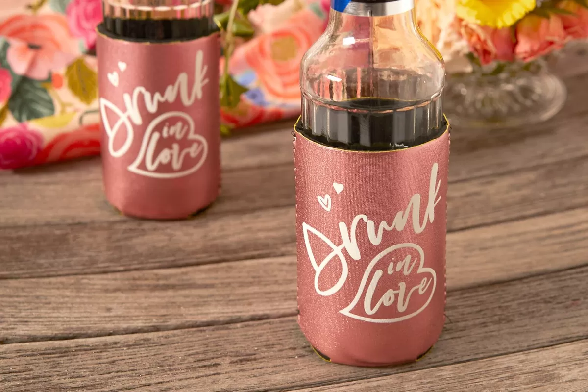 custom designed metallic wedding koozie