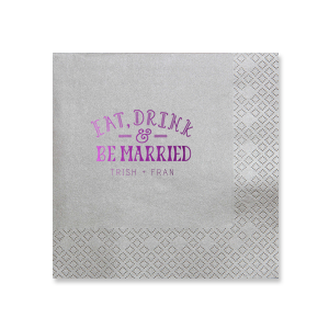 ForYourParty's chic Amethyst Shimmer Cocktail Napkin with Satin Sterling Silver Imprint Foil Color has an Eat Drink & Be Married 3 graphic and is good for use in Wedding themed parties and can't be beat. Showcase your style in every detail of your party's theme!