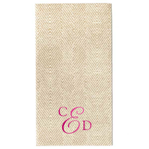 The Elegant Artistic Initials Statement Napkin features a stylishly angled monogram, combining understated block letters for the first and last initials with a strikingly large, swirling script for the middle initial. This design artfully emphasizes the last name, creating a sophisticated and memorable statement.