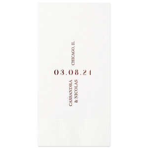 Celebrate your union with the Central Date Flair Napkin, where the wedding date takes center stage, boldly inscribed between the ascending couple's names and location details. A striking layout for an unforgettable matrimonial event.