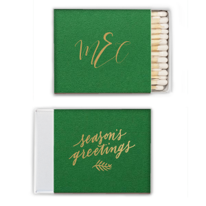ForYourParty's chic Natural Leaf Riviera Matchbox with Satin 18 Kt. Gold Foil has a Season's Greetings graphic and is good for use in Words, Holiday, Christmas themed parties and are a must-have for your next event—whatever the celebration!