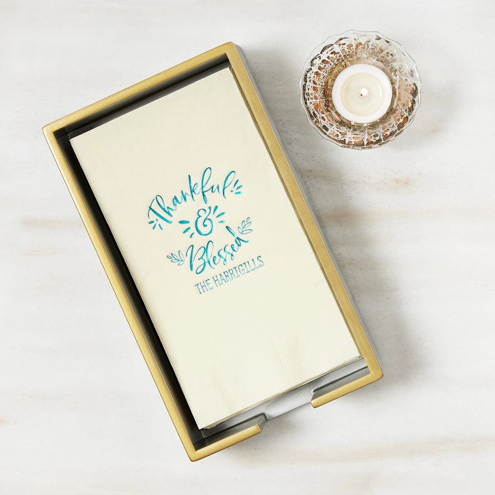 custom designed "thankful and blessed" guest towels for holiday season