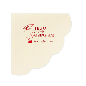 Applaud the new graduate with the Hats Off Graduation Cheer Napkin, emblazoned with a celebratory hand tossing a graduation cap and the phrase "Hats off to the graduate," personalized with the graduate's name and year. A perfect addition to any graduation festivity.