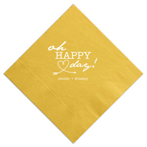 Celebrate with a flutter on the Love Arrow Wedding Napkin, where 'Oh Happy Day!' arches above a heart-bent arrow in flight. Beneath, the couple's names anchor the joyous sentiment, adding whimsy to your perfectly happy occasion.