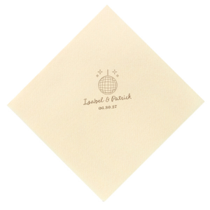 Celebrate your union under the mirrored lights with the Groovy Glitz Wedding Napkin. This festive design features a sparkling disco ball and twinkling sparkles, setting a lively mood. Add a personal touch with the couple's names elegantly scripted above, and the wedding date in a polished serif font below, for a chic nod to your unforgettable evening.