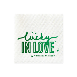 ForYourParty's chic Honeydew Cocktail Napkin with Shiny Leaf Foil has a Confetti Heart Lucky In Love graphic and is good for use in Wedding, Bridal Shower, and Engagement themed parties and can be customized to complement every last detail of your party.