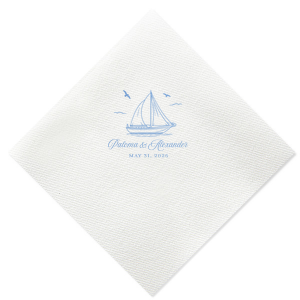 Your next party event will be smooth sailing with the Sailboat Nautical Nuptial Napkin. The hand-drawn design features a scenic coastal view of a sailboat above customizable text. Our customizer makes it easy to personalize the design to best match your unique sense of style.