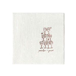 Elevate your wedding's charm with the Kitschy Cocktail Hour Pyramid Toast Napkin, where the couple's names rest below an illustrative pyramid of wine glasses—symbolizing a collective celebration of love. A whimsical yet modern detail for your special day.