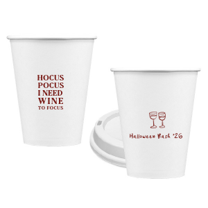 The Hocus Pocus Focus Cup is the ideal custom Halloween party accessory.  Featuring the phrase "hocus pocus I need candy to focus" and a modern and minimal graphic of wine glasses, you can personalize with your name, and the year. This chic Halloween accessory will be a hit at your autumnal events. 