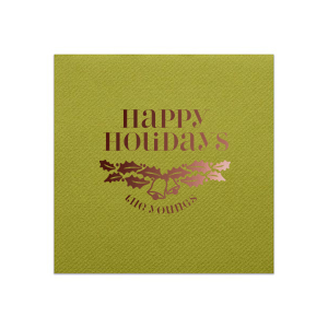 Ring in the season with the Holly Bells Holiday Napkin, festooned with traditional holly and jolly bells. 'Happy Holidays' and your family name below personalize the cheer, making each gathering a timeless celebration of winter's joy.
