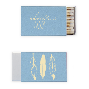 The ever-popular Poptone Peach Riviera Matchbox with Satin Copper Penny Foil has a Feather Group graphic and is good for use in  Trendy, Southwestern and Graduation themed parties and will make your guests swoon. Personalize your party's theme today.