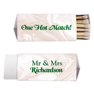 Ignite the festivities with the One Hot Wedding Matchbox. Featuring the cheeky statement "One Hot Match" on one side and the newlyweds' "Mr. & Mrs." title with their shared surname on the other, it's a striking keepsake for a love that truly sizzles!
