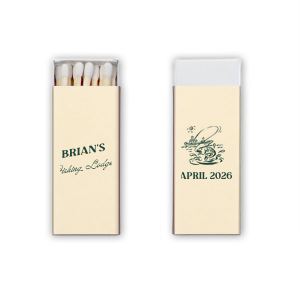 Light up the campfire and reminisce on single life with the Fishing Retreat Bachelor Party Name Matchbook, slanted with the bachelor's name in a bold, adventurous style, and the event location in a vintage-inspired script. A personalized touch for a bachelor party that's hooked on nostalgia.