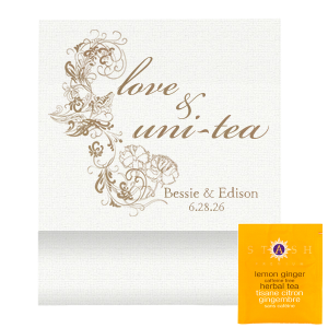 Our beautiful custom Linen White Tea Favor with Shiny 18 Kt Gold Foil has a Floral Silhouette graphic and is good for use in Floral and elegant themed parties and will give your party the personalized touch every host desires.