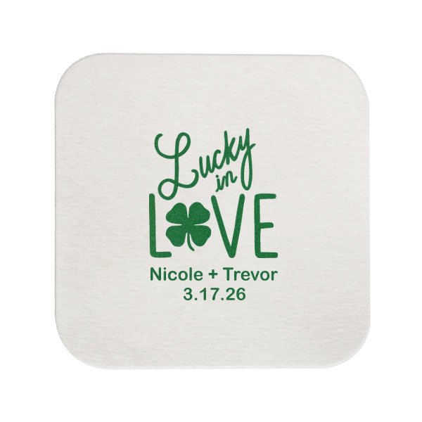 ForYourParty's chic Eggshell Square Coaster with Satin Leaf Foil has a Lucky In Love graphic and is good for use in Wedding, St Patricks Day themed parties and can be customized to complement every last detail of your party.