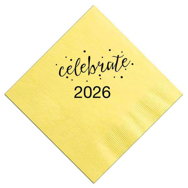 Sprinkle your festivities with the Celebrate Confetti Party Napkin, bursting with 'celebrate' in spirited script amidst a shower of confetti dots. Tailor with a name or special year, infusing your occasion with an unmistakable air of celebration.
