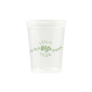The ever-popular Light Pink 16 oz Stadium Cup with Matte White Ink Cup Ink Colors has a Peony Flourish 2 graphic and is good for use in Floral themed parties and can be personalized to match your party's exact theme and tempo.