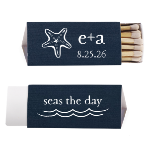 Embrace the wonder of the ocean with the Starfish Matchbook. Showcasing a beautifully detailed starfish, this design symbolizes renewal and regeneration, capturing the magic of nature’s resilience. Personalize with names and dates to add a touch of beachy elegance to your special event.