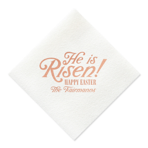 Rejoice in the season with the Easter Resurrection Celebration Napkin, proclaiming "He is risen, Happy Easter" in a bold font above your family's last name. A personal and joyous addition to your Easter gatherings.