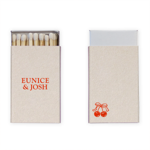 Choose a matchbox as cute as you with the Cherry Pair Matchbox. The simple design features personalized text on the front and a solitary pair of cherries on the backside. Available in your choice of box color and foil stamp color, the product is easy to customize to your liking and match your unique taste.