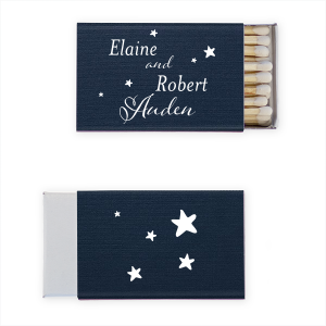 Light up your celebration with the Starry Wedding Matchbox. The couple’s names, stacked and celestial, shine amidst a constellation of stars. On the back, scattered star graphics add a twinkle of romance. It's a dreamy keepsake that truly feels like destiny was at play.