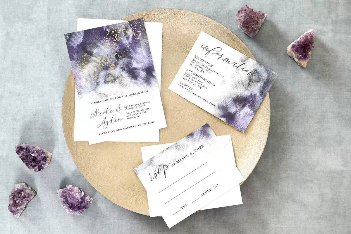 affordable cosmic wedding invitations with purple, black and gold foil