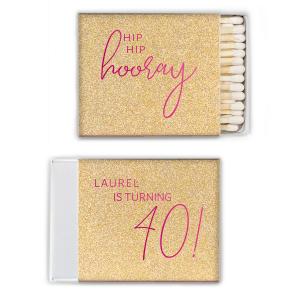 ForYourParty's elegant Gold Glitter Classic Matchbox with Shiny Fuchsia Foil has a fun Hip Hip Hooray saying and is good for use in Birthday, Graduation and other milestone themed parties and will add that special attention to detail that cannot be overlooked.