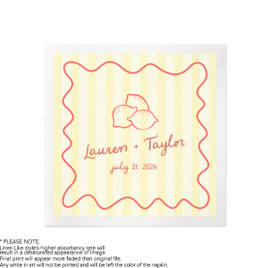Bring a little zest to your next party with the Lemon Stripes Photo Napkin. The bright design is ink printed in full color to pop! at any function. Perfect for summer or springtime events, engagements, bridal showers or birthday parties, they are sure to leave a lasting impression on your guests.