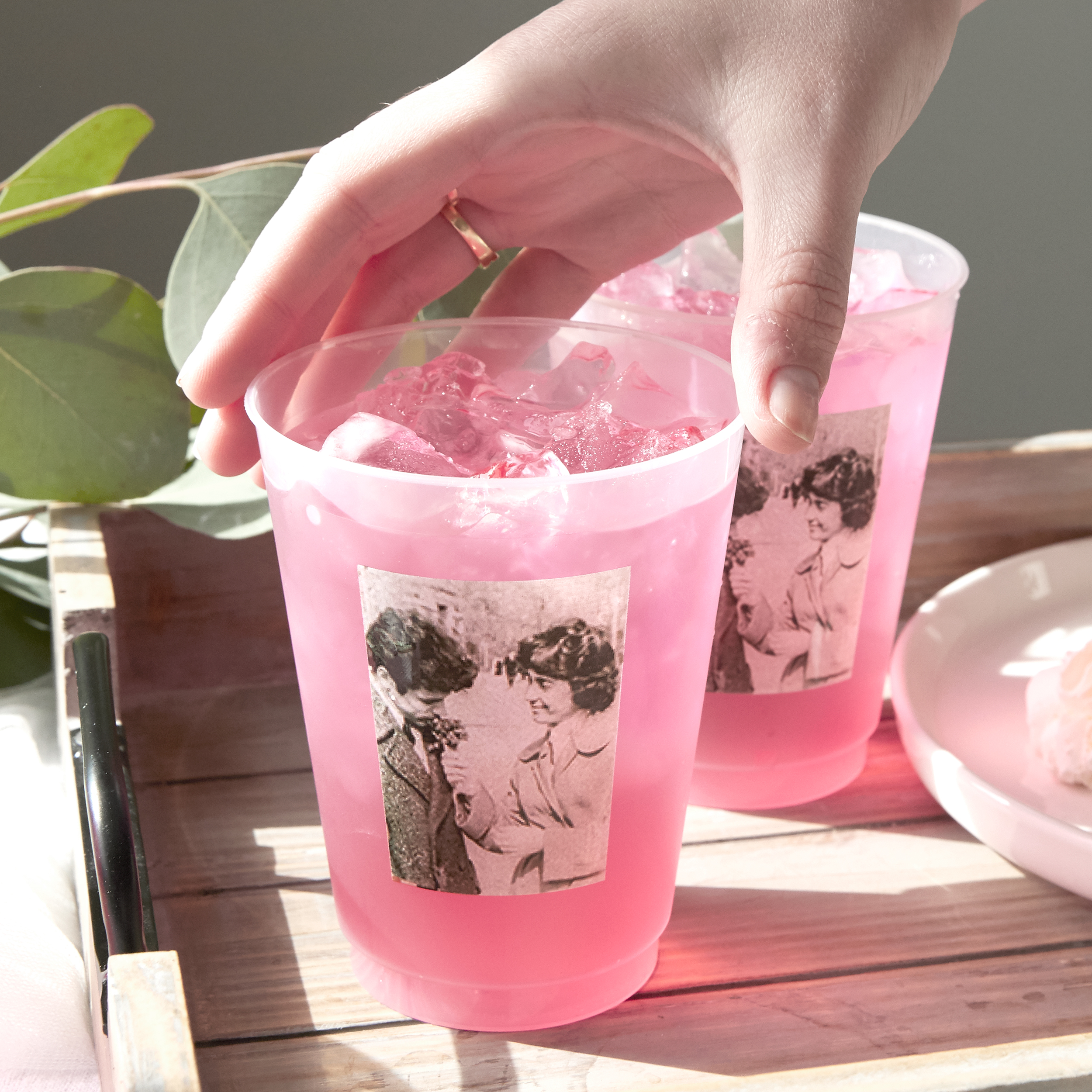 frosted cup with a vintage photo printed on it