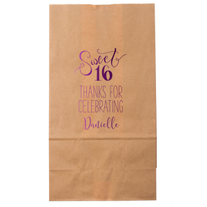 The Sweet 16 Bag exudes youthful joy with its swirling script celebrating the milestone birthday. Flourished 'Sweet' over a bold '16', coupled with a grateful 'Thanks for Celebrating' and the birthday star's name, makes this design a perfect, vibrant token for any Sweet Sixteen bash.
