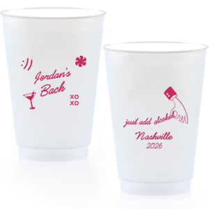 Add a splash of fun to the festivities with the Sassy Spirits Bachelorette Cup, personalized with the bride-to-be's name in script, and adorned with playful symbols like "XOXO," a martini glass, and a smiley face. The flip side's "Just add alcohol" mantra and hand line drawing, customizable with your party's location and date, promise a night of merriment and memories.