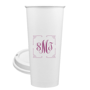 Our personalized 8 oz Paper Coffee Cup with Lid with Matte Dark Magenta Ink  has a Rococo Frame graphic and is good for use in Anniversary, Wedding, and Birthday themed parties and will add that special attention to detail that cannot be overlooked.