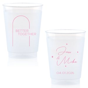 ForYourParty's chic Matte Pastel Pink Ink 16 oz Frost Flex Cup with Matte Pastel Pink Ink Cup Ink Colors has a Broken Arch graphic and a Sparkles 4 graphic and is good for use in Wedding themed parties and will give your party the personalized touch every host desires.