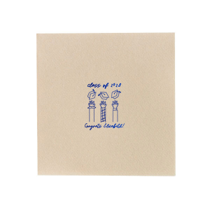 Mark the occasion with the Celebration Caps Line Art Napkin, where the graduate's name and year take flight in a beautiful script, amidst a modern line drawing of three arms joyously tossing graduation caps skyward. A stylish symbol of success for any graduation party.