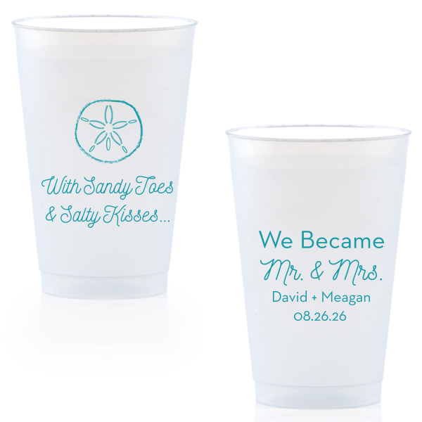 Bring your wedding party to the beach! With our Sand Dollar graphic, cute saying and script font, these blue napkins will. Customize with your names for festive wedding barware that can double as personalized party favors. 
