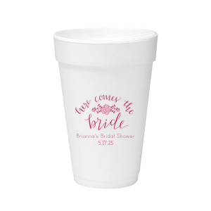 Our custom Matte Dark Magenta Ink 12 oz Styrofoam Cup with Matte Dark Magenta Ink Cup Ink Colors has a Here Comes the Bride 3 graphic and is good for use in Words, Floral, Bridal Shower themed parties and couldn't be more perfect. It's time to show off your impeccable taste.